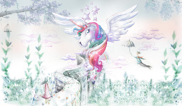 Fototapeta Fairy tale background with magic pegasus for wallpaper, can be used as poster. Botanical art. Mural. 