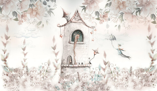 Princess in the tower with floral background. Wallpaper for kids. Mural, art backgronud. 