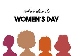 International women's day poster. 5 colorful women silhouettes on the white background