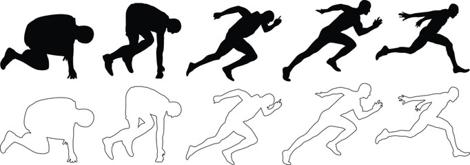 Sprinter silhouettes. Running athlete pose