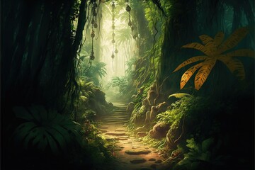 Plakat a painting of a path in a jungle with a lot of trees and plants on either side of the path is a hanging light fixture. generative ai