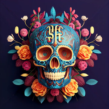 Traditional realistic Calavera, Sugar Skull decorated with flowers. The day of the dead, Dia de los Muertos celebration background. 3D illustration.