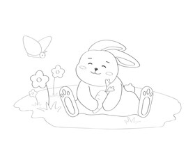 Cartoon  bunny with flowers and butterfly. Vector outline illustration for children coloring page.