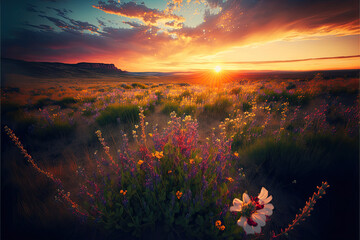 Blooming wildflowers in a meadow with a beautiful sunset