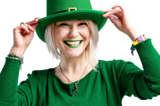 Beautiful smiling woman wearing green hat. St. Patrick's Day celebration. Green eye woman. White background. 
