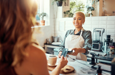 Credit card, payment and shopping with black woman in coffee shop for retail, restaurant and food service. Finance, store and purchase with customer buying in cafe for spending, consumer and sales