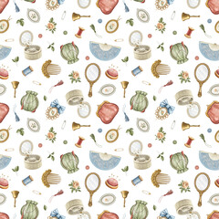 Seamless pattern with many varied antique things isolated on white background. Watercolor hand drawn illustration sketch