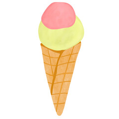 Watercolor ice cream in waffle cone. Summer cold sweet tasty food. Hand painted ice cream illustration isolated.