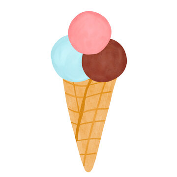 Watercolor ice cream in waffle cone. Summer cold sweet tasty food. Hand painted ice cream illustration isolated.