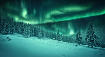 Aurora borealis over the frosty forest. Green northern lights above mountains. Night nature landscape with polar lights. Night winter landscape with aurora. Creative image. winter holiday concept. - 566599472