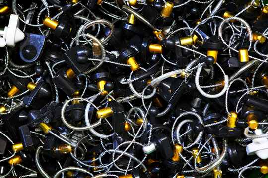 Alcohol protection in supermarkets. An effective way to protect alcohol bottles from theft. Anti-theft system for alcohol bottles.Special reusable sensors for bottles.Flat lay.Top view.