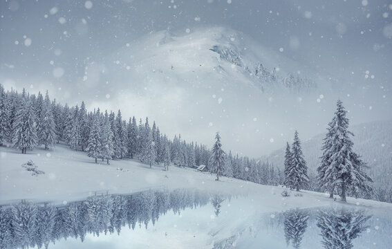 Beautiful winter nature scenery. Winter landscape with snow capped pine trees, ice lake and majestic mountain peak on bacground. winter holiday concept. wonderland in winter. Creative image