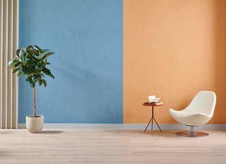 Orange and blue textured wall background, frame, vase of plant, coffee table sofa and chair style,...