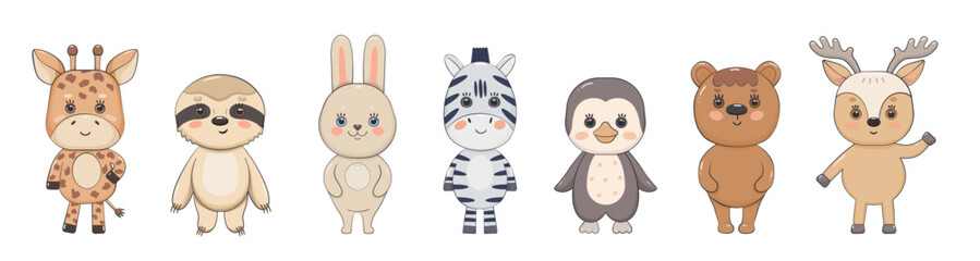 Obraz na płótnie Canvas Set of cartoon animals with stroke. Zebra bear hare giraffe deer penguin sloth stand tall. Vector illustration for kids designs.
