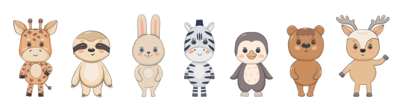 Set of cartoon animals with stroke. Zebra bear hare giraffe deer penguin sloth stand tall. Vector illustration for kids designs.