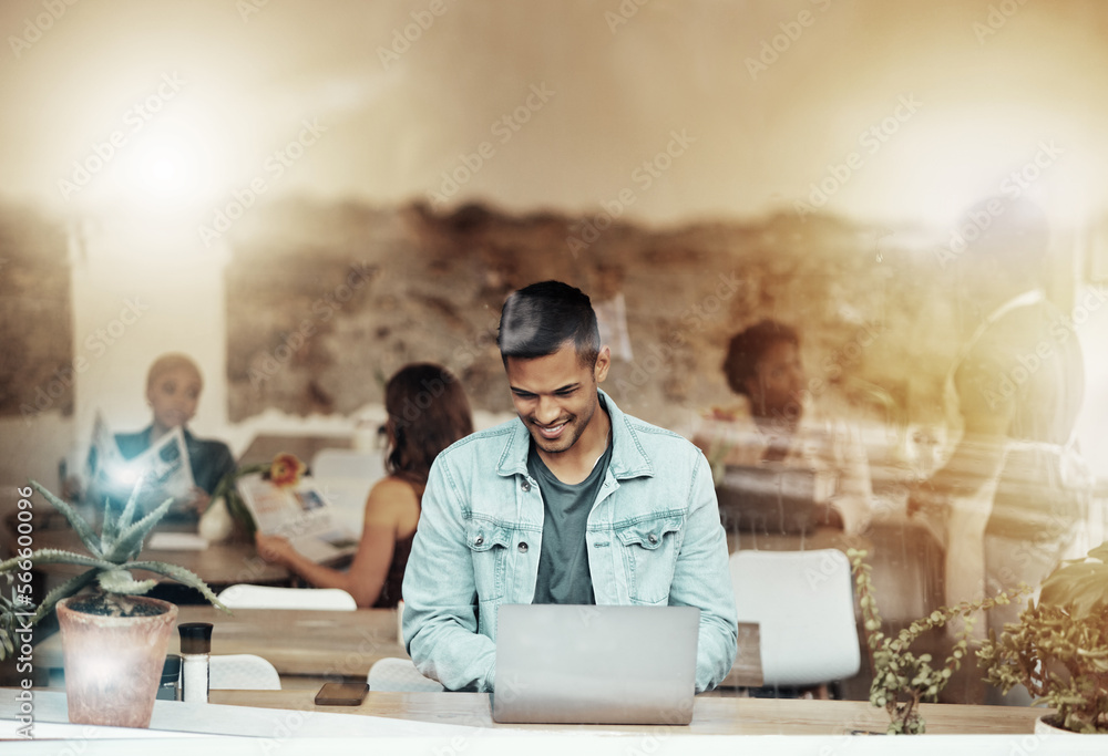 Poster smile, work and man with laptop in coffee shop networking for freelance content marketing job in res