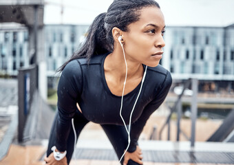 Fitness, motivation and black woman with music in city for wellness, healthy body and cardio...