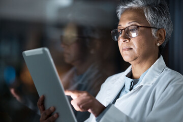 Medical, research and night with doctor and tablet for planning, medicine and schedule. Technology,...