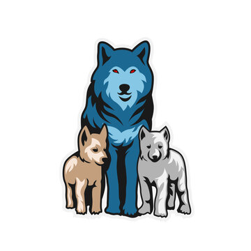A big wolf in the middle and wolves cub on the sides vector illustration