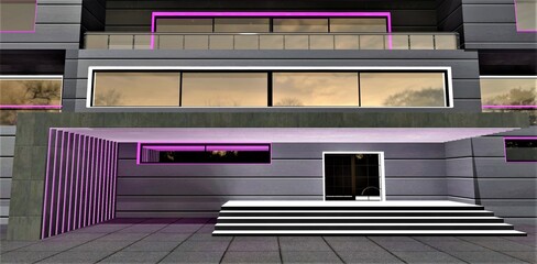 White purple illumination of the contemporary house porch. Looks especially nice with aluminium exterior. 3d rendering.