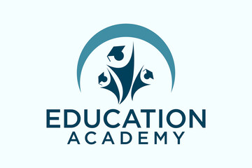 education logo, happy people jump with graduation cap shape, science and knowledge, smart icon, creativity vector logo