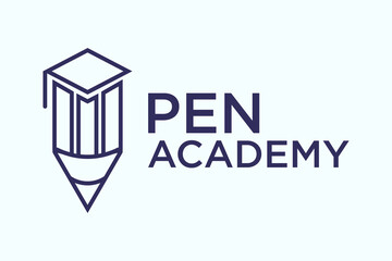 Minimal education logo design template, the concept for academy, graduation. Pen, pencil, and cap iconic concept.