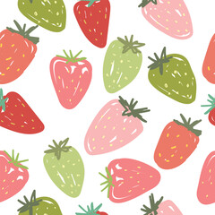 Strawberries pattern, colorful seamless vector pattern with cute hand drawn summer berries, seasonal dessert, pink and red fruit, good as fabric print, colored cartoon illustrations