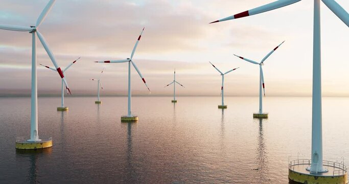 Modern wind turbines generating clean energy. Environmental friendly. Technology and energy related 3d concept animation.