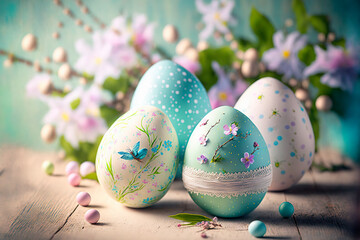 Fototapeta premium Easter eggs decoration pastel colors on wooden background. illustration generative AI
