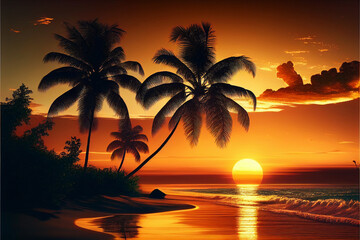 Fototapeta na wymiar Sunset over a picturesque tropical beach. AI generated.