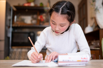 自宅で勉強をする女の子