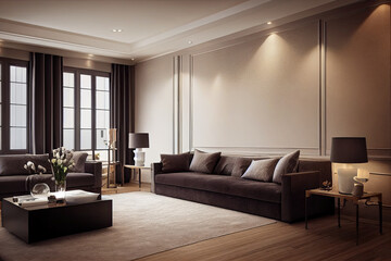 Fototapeta premium Large luxury modern elegant interiors Living room mockup. Modern style of furniture decoration. Generative AI illustration.