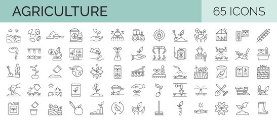 Farming and agriculture outline symbol collection. 65 editable stroke icons. Vector illustrator - 566602275