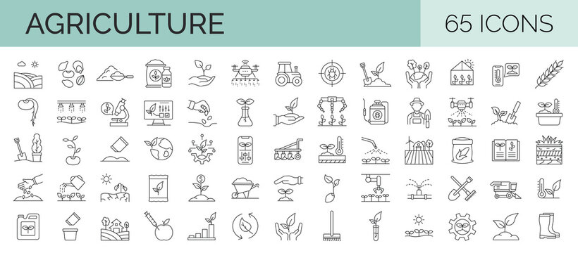 Farming and agriculture outline symbol collection. 65 editable stroke icons. Vector illustrator