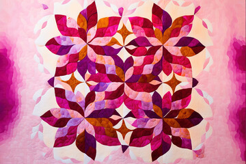  a pink and red quilt with a circular design on it's center piece, with a pink background and a pink background behind it.  generative ai