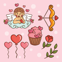 Hand drawn illustration design sticker object icon set valentine's day party 14 february of arrow heart, pink cake, balloon, flower rose, cupid and love package