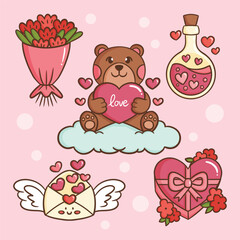 Hand drawn illustration design elements sticker, object and icon set for valentine's day party 14 february of bear teddy cute, heart, love chocolate, letter, flower, cake, message design template