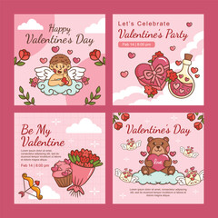Valentines day party instagram post square social media portrait hand drawn illustration include bear, love, cupid, message heart, potion and chocolate cake template design