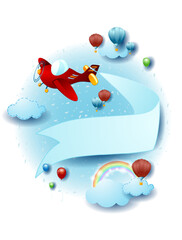Landscape with airplane and blank banner, fantasy illustration. Vector eps10