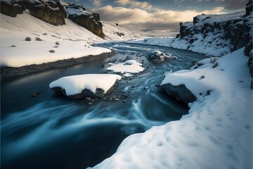  a river running through a snow covered mountain side next to a cliff with a snow covered hillside in the background and a cloudy sky above.  generative ai