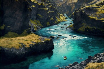  a river flowing through a lush green valley next to a rocky cliff face covered in grass and rocks, with a boat in the water.  generative ai