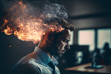 Smart Business Man, Manager have Hot-Headed in Job, Work until it seems like Fire Burn on His Head - obrazy, fototapety, plakaty