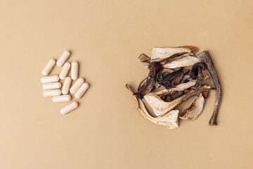 Dried mushroom and tablets. Natural mushroom medication. Capsules in spoon. Traditional medicine. Top view