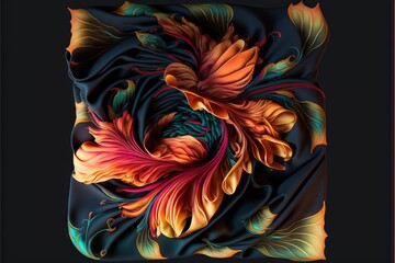  an abstract painting of leaves and flowers on a black background with an orange border around the edges of the image is a square frame with an orange border.  generative ai
