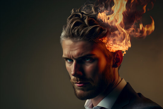 Smart Business Man, Manager have Hot-Headed in Job, Work until it seems like Fire Burn on His Head