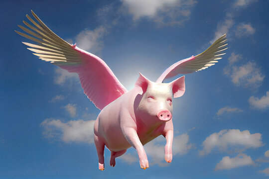 When pigs fly or pigs might fly idiom. Pig with wings. Generative AI.