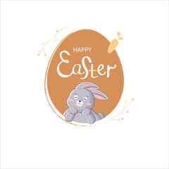 Cute grey bunny in Easter egg with handrawn lettering. Vector illustration for holiday greeting card, poster, print.