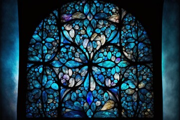  a large stained glass window with a flower design on the side of the window and leaves on the outside of the window, and a blue background.  generative ai