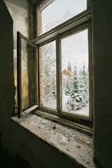 broken window in an abandoned interior
