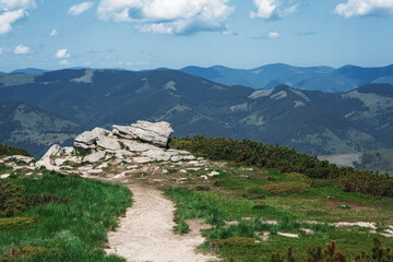 Path leading to rocks and cliff in mountains in summer, beautiful panorama view of Carpathians (Ukraine), sky and clouds, picturesque landscape background, part of touristic hiking and trekking trail